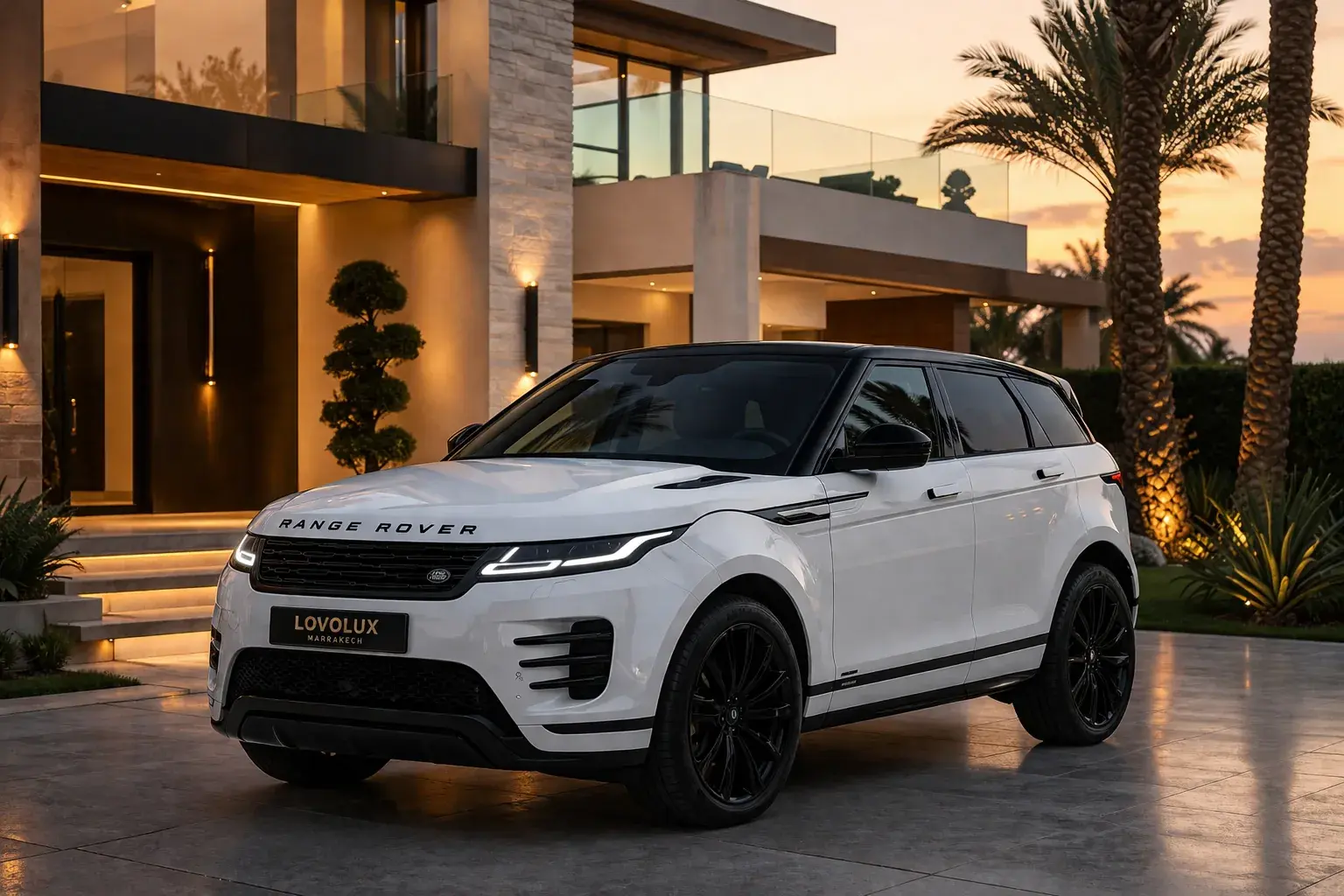 Range Rover Evoque blanc devant une villa marrakchie au coucher du soleil